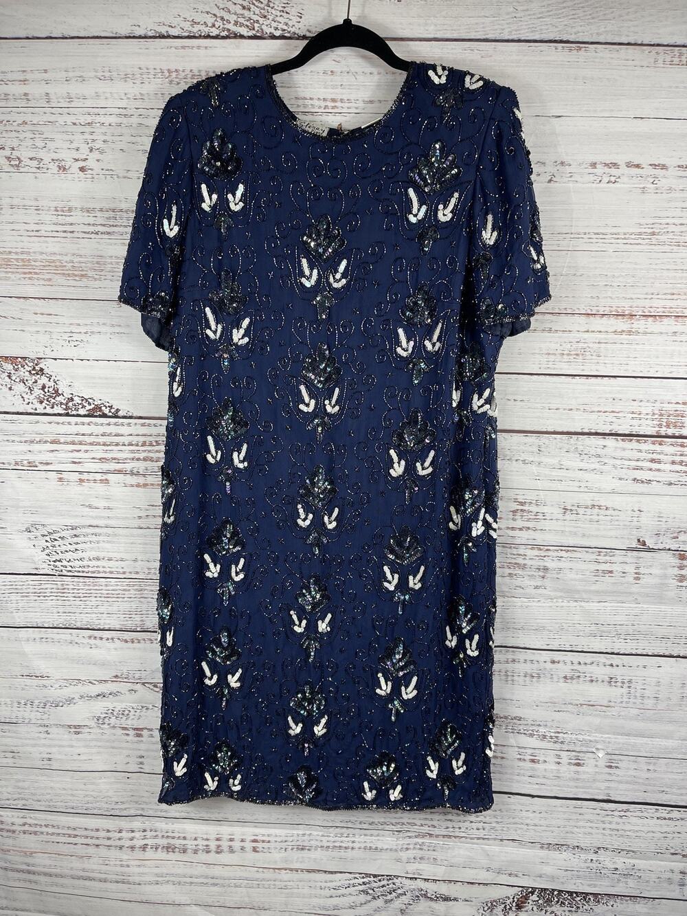 Stenay Plus Dress Women's 16 Blue Silk Sequin Beaded Short Sleeve Lined Keyhole